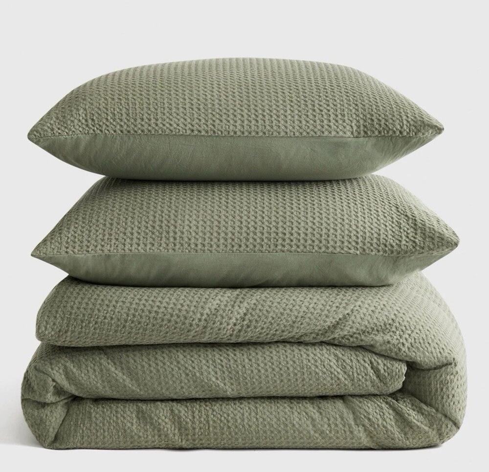 NWOT Quince Organic Luxe Honeycomb Duvet Cover Set Full/Queen Olive